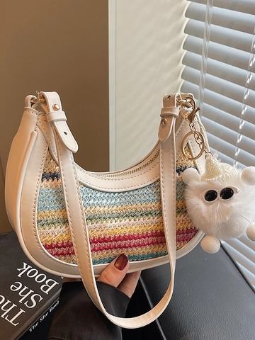 Bolso de Hombro Tejido de Paja a Rayas Arcoíris Bohemio para Mujer Ribete de Cuero PU Bolso Bajo el Brazo de Media Luna