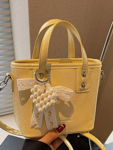 Bolso Cubo de PU Plisado de Moda para Mujer Colgante Corazón de Perla Lazo de Encaje Bolso de Hombro Cruzado