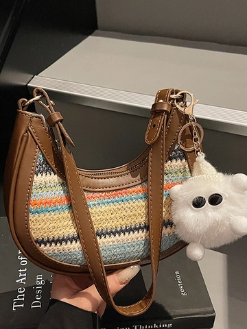 Bolso de Hombro Tejido de Paja a Rayas Arcoíris Bohemio para Mujer Ribete de Cuero PU Bolso Bajo el Brazo de Media Luna
