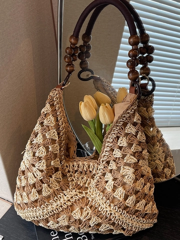 Damen Mode Stroh Gewebte Tote Bag Gehäkelte Durchbrochene Strandurlaub Schultertasche Mit Holzperlen Griff Handtasche