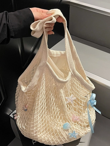 Damen Fashion Gewebt Netz Tragetasche Mit Seestern Muschel Anhänger Satin Schleife Sommer Strand Schultertasche Urlaub Handtasche