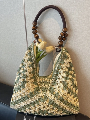 Damen Mode Stroh Gewebte Tote Bag Gehäkelte Durchbrochene Strandurlaub Schultertasche Mit Holzperlen Griff Handtasche