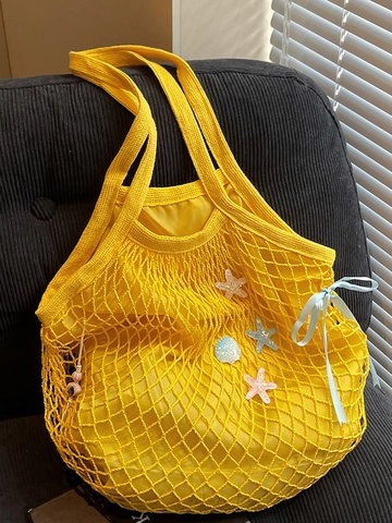 Damen Fashion Gewebt Netz Tragetasche Mit Seestern Muschel Anhänger Satin Schleife Sommer Strand Schultertasche Urlaub Handtasche