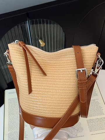 Damen Strohgeflecht PU Leder Beuteltasche Urbaner Minimalismus Schultertasche Casual Sommerurlaub Strand Handtasche