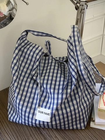 Borsa Tote in Tela di Grande Capacità per Donna Stile Coreano Stampa Leopardata Rossa Blu a Quadri Borsa a Tracolla Con Decorazione a Nastro