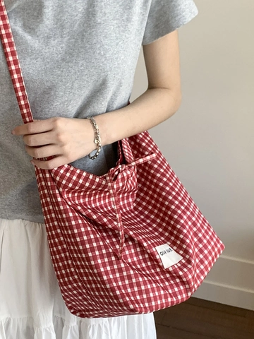 Borsa Tote in Tela di Grande Capacità per Donna Stile Coreano Stampa Leopardata Rossa Blu a Quadri Borsa a Tracolla Con Decorazione a Nastro