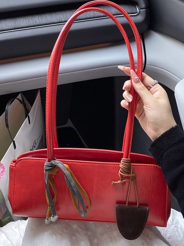 Bolso de Axila Baguette de Cuero PU Retro para Mujer Vintage Coreano Color Sólido Bolso de Hombro Con Cinta Colgante Corazón Diario