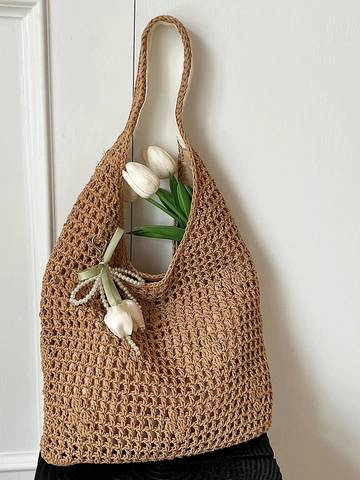 Women Summer Straw Woven Tote Bag Hollow Out Large Capacity Shoulder Bag With Tulip Pearl Charm Casual Beach Handbag