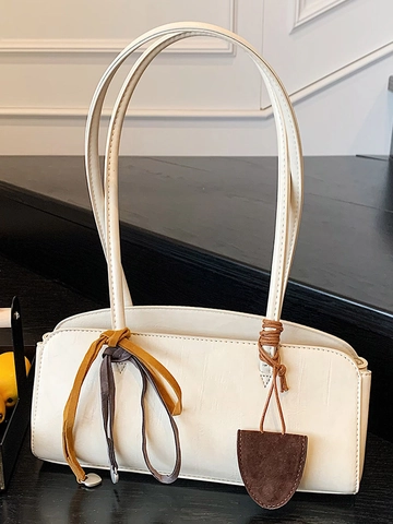 Bolso de Axila Baguette de Cuero PU Retro para Mujer Vintage Coreano Color Sólido Bolso de Hombro Con Cinta Colgante Corazón Diario