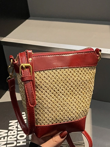 Borsa a Secchiello in Paglia Intrecciata per Donna Vintage Patchwork Pelle Borsa a Spalla Casual Mare Tracolla Con Cerniera