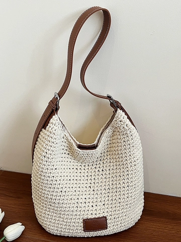 Damen Große Kapazität Handgewebte Baumwollfaden Schultertasche Mode Gestrickte Tote Bag Mit Lederriemen Pendler Umhängetasche