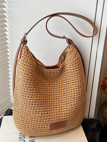 Damen Große Kapazität Handgewebte Baumwollfaden Schultertasche Mode Gestrickte Tote Bag Mit Lederriemen Pendler Umhängetasche