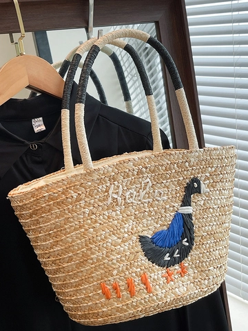 Damen Große Kapazität Stroh Weben Tragetasche Cartoon Gans Stickerei Sommer Strand Urlaub Handtasche Casual Umhängetasche