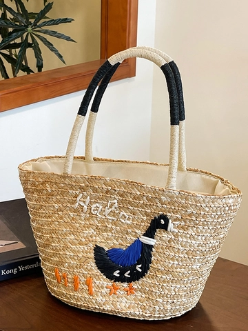 Damen Große Kapazität Stroh Weben Tragetasche Cartoon Gans Stickerei Sommer Strand Urlaub Handtasche Casual Umhängetasche