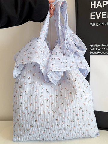 Damen Blumen Segeltuch Umhängetasche Rüschen Geknittert Tote Große Kapazität Unterarm Handtasche Sommer Koreanisch Lässig Stofftasche