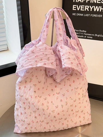 Damen Blumen Segeltuch Umhängetasche Rüschen Geknittert Tote Große Kapazität Unterarm Handtasche Sommer Koreanisch Lässig Stofftasche
