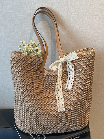 Gewebte Stroh Tote Bag Große Kapazität Schulter Strandtasche Für Damen Mit Spitze Schleife Dekoration Sommerurlaub Reise Handtasche