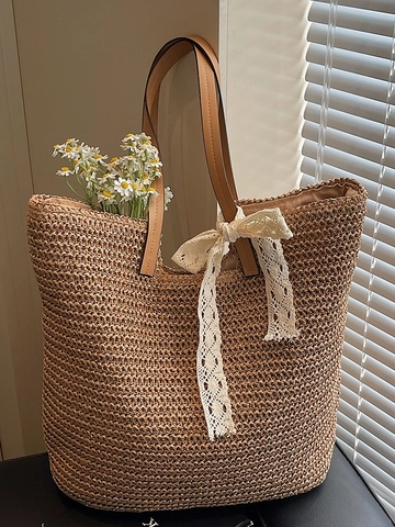 Gewebte Stroh Tote Bag Große Kapazität Schulter Strandtasche Für Damen Mit Spitze Schleife Dekoration Sommerurlaub Reise Handtasche