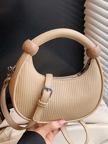 Fashion Women PU Leather Crescent Shoulder Bag Vertical Pleated Texture Round Handle Bag With Removable Adjustable Strap