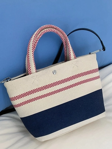 Sac Fourre-Tout en Toile Rayée Patchwork pour Femmes Grande Capacité Sac à Bandoulière Avec Bandoulière Amovible Sac Minimaliste