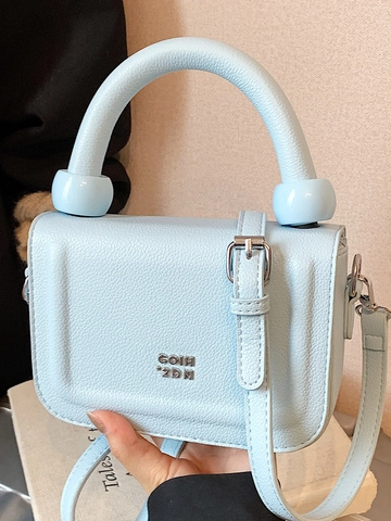 Women Lychee Texture Synthetic Leather Shoulder Bag Small Square Crossbody Bag With Round Handle Metal Logo Fashion Bag