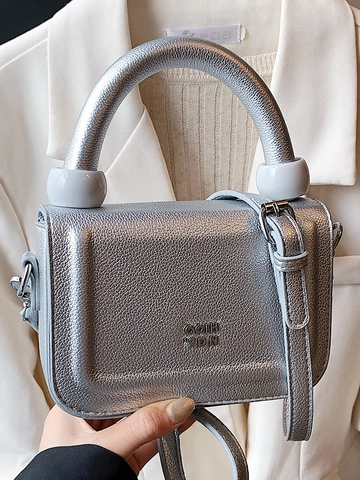 Women Lychee Texture Synthetic Leather Shoulder Bag Small Square Crossbody Bag With Round Handle Metal Logo Fashion Bag