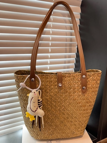 Handgemachte Gewebte Stroh Tote Bag Große Kapazität Schultertasche Mit Ledergriff Retro Strand Urlaubstasche Für Damen
