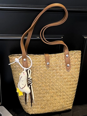 Handgemachte Gewebte Stroh Tote Bag Große Kapazität Schultertasche Mit Ledergriff Retro Strand Urlaubstasche Für Damen