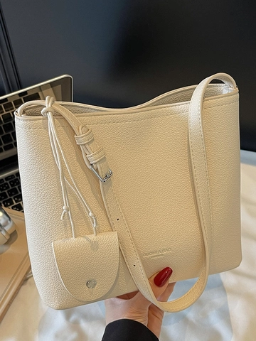 Women Fashion Vintage Bucket Bag Lychee Pattern PU Leather Minimalist Shoulder Crossbody Bag With Small Coin Purse Charm