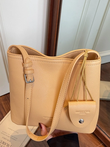Women Fashion Vintage Bucket Bag Lychee Pattern PU Leather Minimalist Shoulder Crossbody Bag With Small Coin Purse Charm