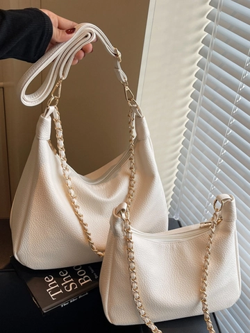 Bolso Hobo de Cuero PU de Gran Capacidad para Mujer Moda Casual Color Sólido Bolso de Hombro Con Cadena de Oro y Cremallera