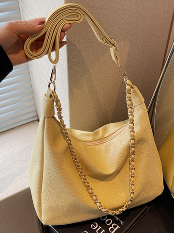 Bolso Hobo de Cuero PU de Gran Capacidad para Mujer Moda Casual Color Sólido Bolso de Hombro Con Cadena de Oro y Cremallera