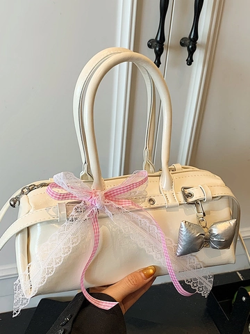 Women Sweet PU Leather Boston Bag With Bowknot Lace Detail Y2K Balletcore Shoulder Bag Commuting Handbag Crossbody Bag