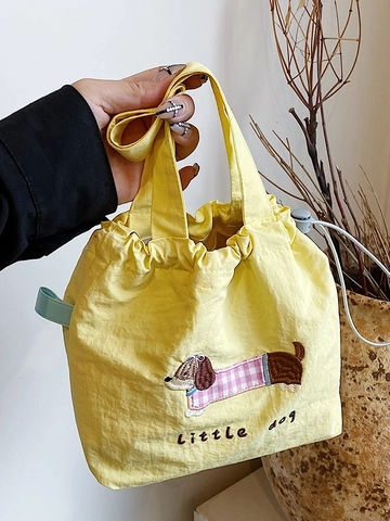 Borsa a Secchiello in Tela alla Moda Con Simpatico Ricamo a Cartoni Animati Chiusura a Coulisse Grande Capacità Donna Casual