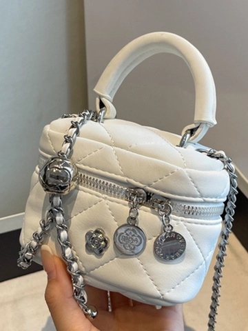 Borsa a Tracolla a Catena Trapuntata a Rombi Moda Donna Borsa in Pelle PU Mini Borsa da Toilette Con Ciondolo Camelia Borsa a Spalla