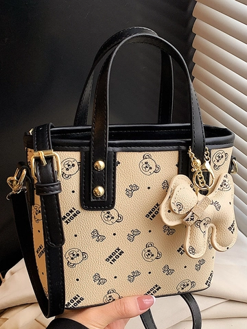 Women Retro PU Leather Bucket Bag Cartoon Bear Print Large Capacity Shoulder Bag With Cute Charm Minimalist Crossbody Handbag