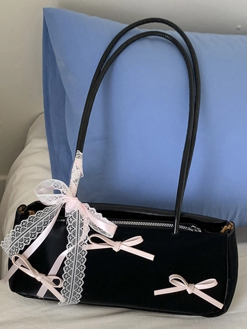 Damen Balletcore Schleife Schultertasche PU Leder Unterarmtasche Mit Spitze Schleifen Süß Y2K Silber Schwarz Weiß Handtasche
