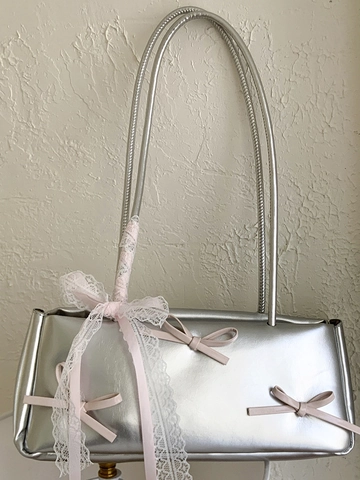 Damen Balletcore Schleife Schultertasche PU Leder Unterarmtasche Mit Spitze Schleifen Süß Y2K Silber Schwarz Weiß Handtasche