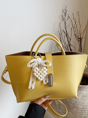 Damen Große Kapazität Tote Bag PU Leder Umhängetasche Urban Simple Commuter Crossbody Tasche Mit Perle Herz Bogen Anhänger