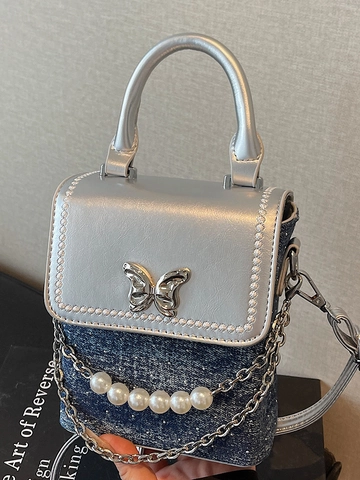 Borsa per Cellulare Mini in Pelle PU e Denim con Farfalla e Strass da Donna Elegante Borsa a Tracolla Piccola con Catena di Perle