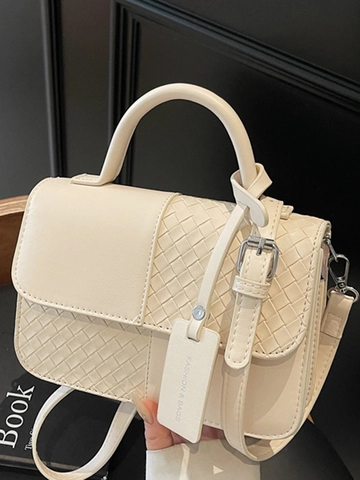 Vintage Gewebte Spliced Kleine Quadratische Handtasche Für Damen Urban Minimalistisch PU Leder Top Handle Schulter Crossbody Bag