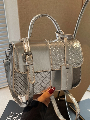 Vintage Gewebte Spliced Kleine Quadratische Handtasche Für Damen Urban Minimalistisch PU Leder Top Handle Schulter Crossbody Bag