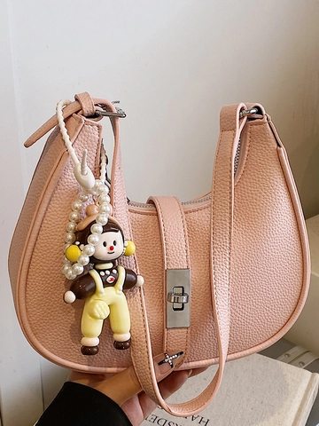 Women Vintage PU Leather Hobo Shoulder Bag Minimalist Solid Color Underarm Bag With Cartoon Charm For Daily Shopping Fashion