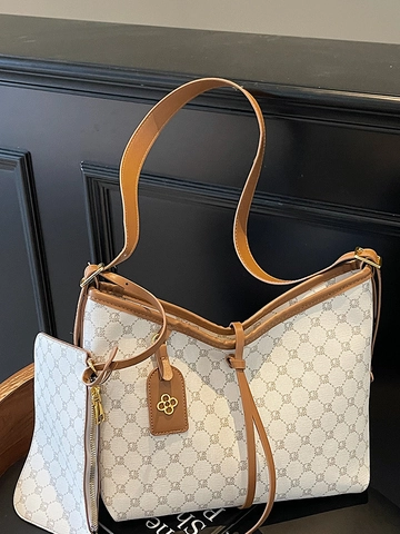 Women's Large Capacity Vintage Monogram Tote Bag PU Leather Fashion Shoulder Bag With Pouch Commute Daily Casual Handbag