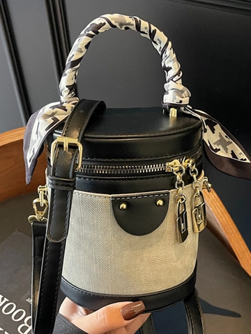 Damen Patchwork PU Leder Gewebe Eimertasche Schick Zylinder Schultertasche Mit Schal Griff Gold Schloss Anhänger Umhängetasche