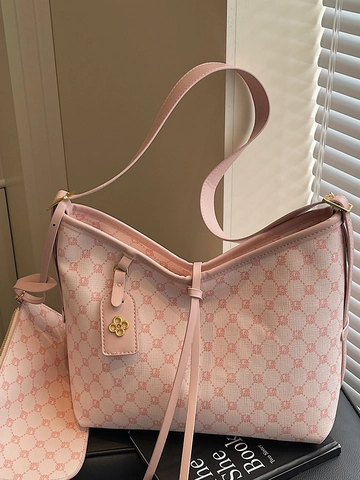 Women's Large Capacity Vintage Monogram Tote Bag PU Leather Fashion Shoulder Bag With Pouch Commute Daily Casual Handbag