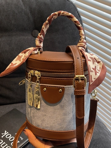 Damen Patchwork PU Leder Gewebe Eimertasche Schick Zylinder Schultertasche Mit Schal Griff Gold Schloss Anhänger Umhängetasche