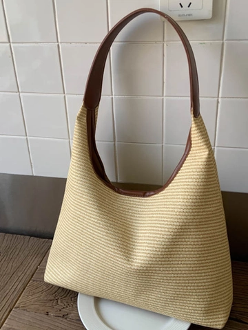 Sac Cabas en Paille Tissé Vintage Grande Capacité Sac à Épaule Rayé Décontracté de Plage Avec Boucle Magnétique Doublure en Polyester Femmes