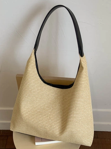 Sac Cabas en Paille Tissé Vintage Grande Capacité Sac à Épaule Rayé Décontracté de Plage Avec Boucle Magnétique Doublure en Polyester Femmes