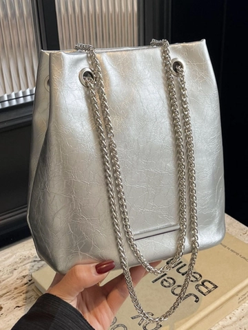 Damen Große Eimertasche Schultertasche Minimalistische PU Leder Tote Tasche Mit Silbernen Kettenriemen Urban Fashion Unterarmtasche